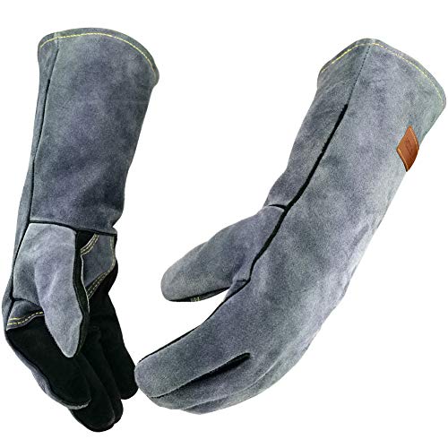 WZQH 16 Inches,932℉,Leather Welding Gloves extra Large, Heat/Fire Resistant,Mitts for BBQ,Oven,Grill,Fireplace,Tig,Mig,Forge,Baking,Furnace,Stove,Pot Holder,Animal Handling Glove. XL, Black-gray - color: Black-gray, size: X-Large (Pack of 1)