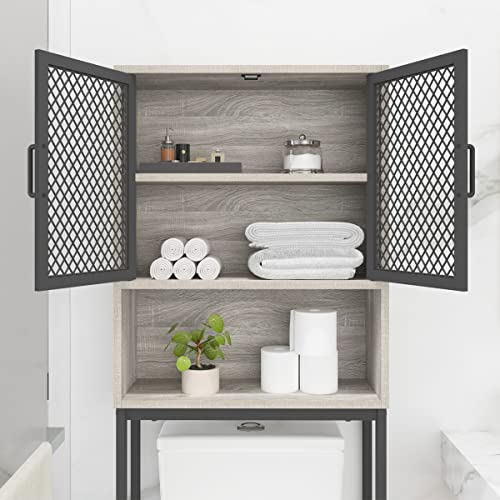 Launica Bathroom Space Saver, Over The Toilet Storage Cabinet, Metal and Wood Industrial Organizer Stand Above Toilet, Freestanding Rack Behind Toilet with Shelf, Light Grey Oak - color: Light Grey Oak