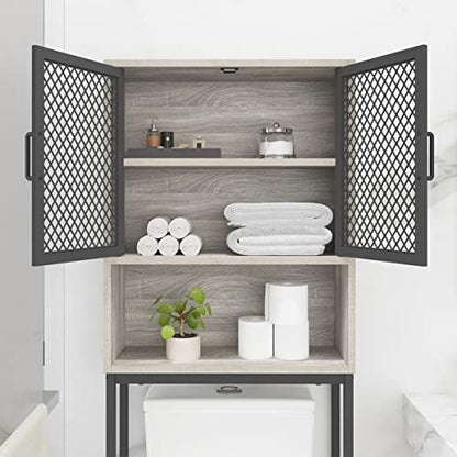 Launica Bathroom Space Saver, Over The Toilet Storage Cabinet, Metal and Wood Industrial Organizer Stand Above Toilet, Freestanding Rack Behind Toilet with Shelf, Light Grey Oak - color: Light Grey Oak