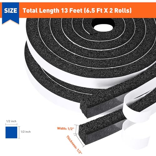 MAGZO Weather Stripping Door Seal 1/2 Inch W X 1/2 Inch T,Strong Adhesion and High Resilience Air Conditioner Foam Insulation for Doors, Total Length 13 Feet (6.5 ft x 2 Rolls) - size: 1/2in x 1/2in x 13FT
