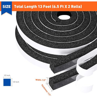 MAGZO Weather Stripping Door Seal 1/2 Inch W X 1/2 Inch T,Strong Adhesion and High Resilience Air Conditioner Foam Insulation for Doors, Total Length 13 Feet (6.5 ft x 2 Rolls) - size: 1/2in x 1/2in x 13FT