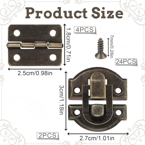 Thinp Antique Bronze Jewelry Box Hinges and Latches, Retro Small Hinges for Wooden Box Metal Small Hinge for Wood Boxes Project Cabinet with Matching Screws (2* Catch + 4* Hinges)