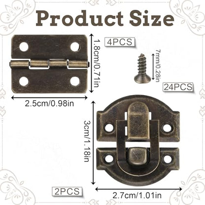 Thinp Antique Bronze Jewelry Box Hinges and Latches, Retro Small Hinges for Wooden Box Metal Small Hinge for Wood Boxes Project Cabinet with Matching Screws (2* Catch + 4* Hinges)
