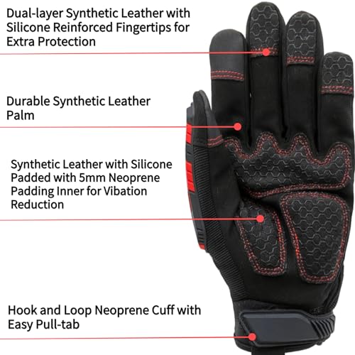 Heavy-Duty Work Gloves,Synthetic Leather Impact Protection Mechanic Rigger Glove,High Dexterity,Vibration Reduction,Touchscreen,Large,Red+Black - color: Red+black, size: Large