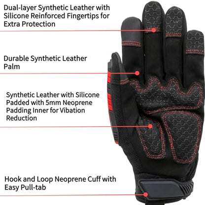Heavy-Duty Work Gloves,Synthetic Leather Impact Protection Mechanic Rigger Glove,High Dexterity,Vibration Reduction,Touchscreen,Large,Red+Black - color: Red+black, size: Large