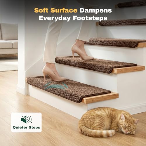 MBIGM Bullnose Non-Slip Stair Treads w/Reusable Adhesive 14 Pack 9.5" x 30" Wooden Steps Protection - TPU Backing with Steel Reinforcement - Anti-Slip Solution Knitted Brown Non Slip Stair Tread - color: Brown - Knitted