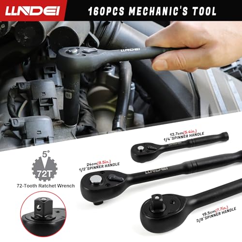 LLNDEI 160-Piece Mechanics Tool Set, Metric Socket Set 1/2 1/4 3/8 inch Drive Professional Tool Kit, CR-V Deep & Shallow Kit with Quick Release Ratchet - size: 160-Piece 1/2" & 3/8" & 1/4" Drive Socket Set