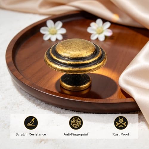 Gobrico 5 Pack 1-3/8 Inch Round Cabinet Knobs Antique Brass Top Ring Handles Bifold Kitchen Wardrobe Drawer Pulls - color: Antique Brass