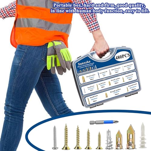 480 PCS Self Drilling Drywall Anchors Kit with Screws - 4 Sheetrock Anchors & 5 Screw Sizes (2025 Upgraded), No Drill Needed, Zinc Plated Steel and Plastic, Heavy Duty Wall Anchors - size: KIT-480PCS