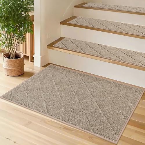 COSY HOMEER Stair Landing Rug Non-Slip 20"x32" Stair Treads for Wooden Steps,Washable Peel and Stick Stair Treads Matching Mats,Pet Friendly Soft Reusable Stair Landing Mat for Kids and Elders,Beige - color: Beige, size: 20 X 32 Inches (1 Piece)
