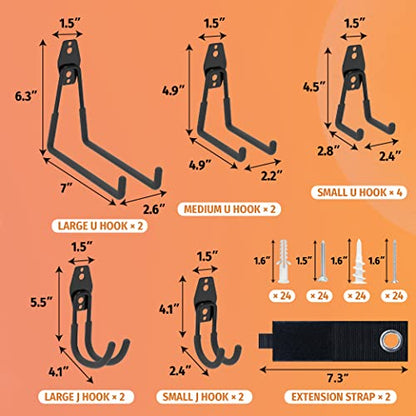 HUHOLE 14PC Garage Hooks Heavy Duty, Utility Garage Storage Hooks, Wall Mount Garage Hooks with Anti-Slip Coating for Hanging Ropes, Bikes, Ladders and Bulk Items. - style: Garage Hook Kit 14 PC