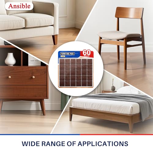 Ansible 60 PCS Felt Furniture Pads 1", Felt Pads for Chair Leg Floor Protectors for Hardwood Floors Square (Brown) - size: 60 PCS 1" Brown, Square