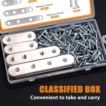 mankk 96PCS Flat Metal Brackets Mending Plate Stainless Steel Flat Straight Brace Brackets Fixed Connecting Plate for Wood Repair Fixing M-G045 - color: Silver-50/80/100mm