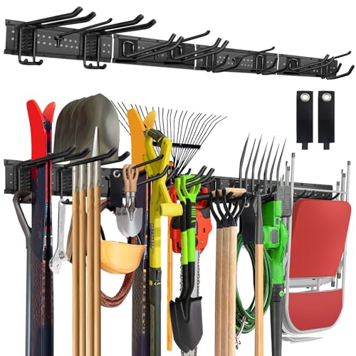 64-Inch Garage Storage Tool Organizer Wall Mount, Heavy Duty Garage Organization Metal Rack with 12 Hooks, Garden Tool Hanger Holder for Broom, Shovels, Ladders, Lawn Tools - size: 64" 4 Panels & 14 Hooks