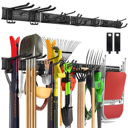 64-Inch Garage Storage Tool Organizer Wall Mount, Heavy Duty Garage Organization Metal Rack with 12 Hooks, Garden Tool Hanger Holder for Broom, Shovels, Ladders, Lawn Tools - size: 64" 4 Panels & 14 Hooks