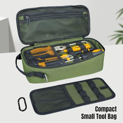 13 Inch Portable Small Tool Bag, Heavy Duty Tool Hand Bag with Shoulder Strap and D-ring Clip, Tactical Tool Bag, Tool Pouch Organizer for Electricians, Carpenters, HVAC Technicians (Army Green) - color: Army Green