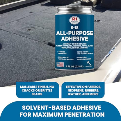 S-18 All-Purpose Adhesive, 4 oz. can - Multi-Purpose, Rubber, Metal, Leather, Felt, Wood, Neoprene, Glass, Flexible, Waterproof, Long Lasting - RH Adhesives - size: 4 oz