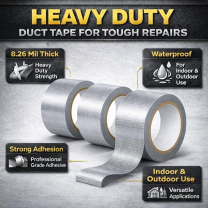 Silver Duct Tape Heavy Duty, 3 Pack 90 Yd Total, Waterproof Strong Adhesive Tape, 8.26 Mil Thick, Multi Purpose for Repairs, Sealing & Outdoor Use
