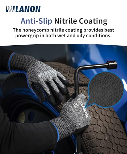 LANON Cut Resistant Gloves, Knife Protection Level D, Nitrile Coating with Honey Comb Pattern, ANSI A4 Cut Work Gloves, Reinforced Thumbs, 3D Comfort Fit, Breathable, Mechanical, Touchscreen,XL - size: X-Large