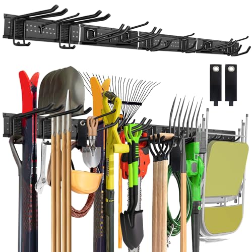 64-Inch Garage Storage Tool Organizer Wall Mount, Heavy Duty Garage Organization Metal Rack with 12 Hooks, Garden Tool Hanger Holder for Broom, Shovels, Ladders, Lawn Tools - size: 64" 4 Panels & 14 Hooks