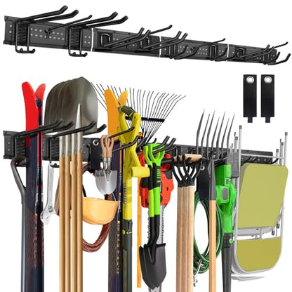 64-Inch Garage Storage Tool Organizer Wall Mount, Heavy Duty Garage Organization Metal Rack with 12 Hooks, Garden Tool Hanger Holder for Broom, Shovels, Ladders, Lawn Tools - size: 64" 4 Panels & 14 Hooks