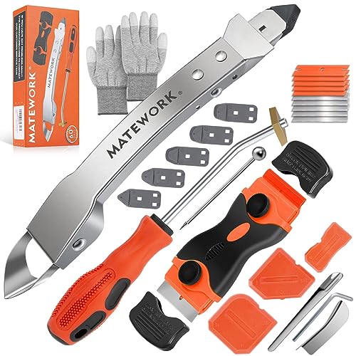 Caulking Tool Kit, Matework Stainless Steel Caulk Remover Caulking Tool Set with Cut Resistant Gloves, Scraper, Silicone Caulking Tools, 4 in 1 Caulking Finishing Tool for Bathroom Kitchen Living Room - color: Silver kit