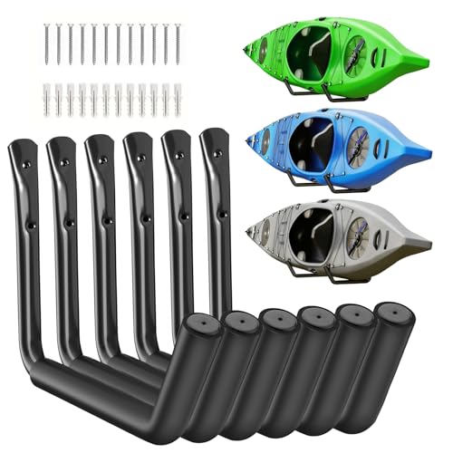 Kayak Storage Rack Wall Mount (15"), Kayak Hooks, Heavy Duty Garage Storage Hooks (6packs) for 3 Kayaks Suitable for Hanging Ladders, Bikes, Kayak wall Rack - color: Black Upgrade-Pack of 6
