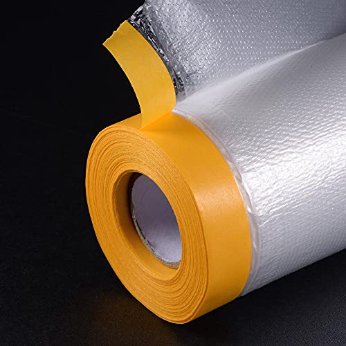 uxcell Pre-Taped Masking Film, 11.8 in x 65 Ft, Plastic Drop Cloth with Medium-Tack Painters Tape for Painting Protection - size: 11.8 in x 65 Ft