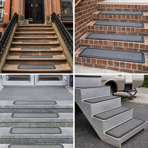 Ottomanson Outdoor Rubber Stair Treads – Ribbed Heavy-Duty Non-Slip Stair Mats – Best Grip on Concrete, Brick & Textured Step – Fastening Recommended for Wooden & RV Steps, Pack of 5 - color: Gray Ribbed