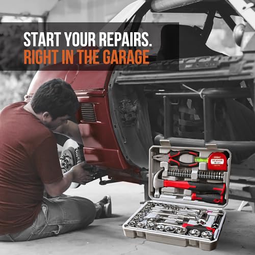 Hi-Spec 52pc Home Garage Mechanics DIY Tool Kit Set. Metric Sockets, Ratchet Wrench, Screwdriver Bit Set, Pliers and Spark Plug Accessories in a Portable Toolbox Case - size: 52 PCS