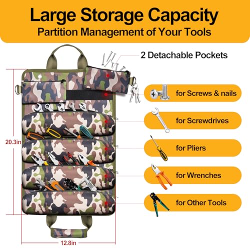 Tool Bag, Heavy Duty Tool Organizer, Portable Tool Pouch for Men with 2 Small Detachable Pouches, Foldable Carrying Tool Storage, Mechanic & Electrician Dad Birthday Gifts, Camo-Green - style: Non-detachable