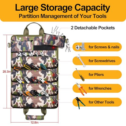 Tool Bag, Heavy Duty Tool Organizer, Portable Tool Pouch for Men with 2 Small Detachable Pouches, Foldable Carrying Tool Storage, Mechanic & Electrician Dad Birthday Gifts, Camo-Green - style: Non-detachable