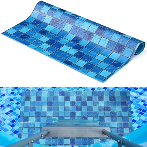Drydiet Pool Step Mat Above Ground Ladder Mat, Swimming Protective Nonslip Step Pad with Texture, Pool Essentials Accessories for Floor Liners and Stairs, Blue and Green Square Pattern(36 x 16 Inch) - size: 36 x 16 Inch
