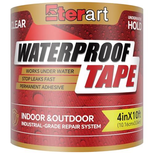ETERART Waterproof Tape 4 Inch x 10 FT, Seal Tape Clean - Heavy Duty Leak Repair for Roof, Pipe, Boat, Hose & Outdoor Emergency Fix - Permanent Weather Resistant Seal - color: Clean