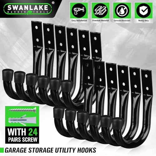 Heavy Duty Garage Storage Hooks, 12-piece Bike Hooks for Garage Wall, Utility Garage Hooks, Wall Mount J Hook for Hanging, Large Metal Storage Organizer Tool, Extension Cord Hanger - style: 12-Piece Black