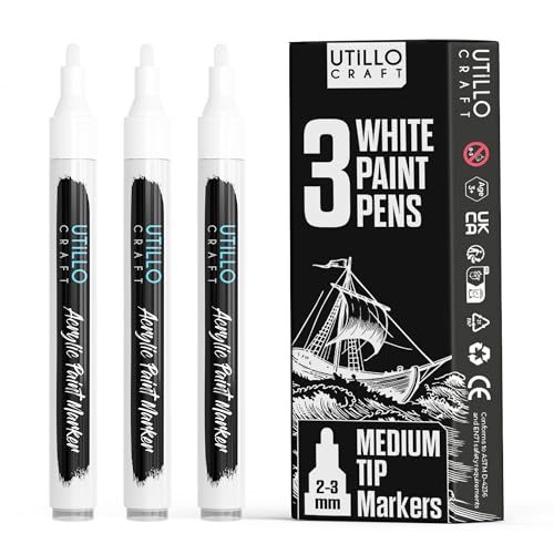 Utillo Craft White Paint Pen (3-Pack) Medium Liquid White Out Pen | Paint Markers for Metal, Fabric, Wood, Glass, Paper, Plastic, Rock, Leather | Bold Color Permanent White Acrylic Paint Pen 2-3mm - color: White, style: Medium 3PK
