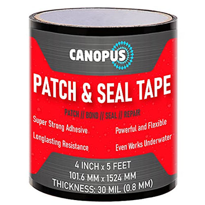 CANOPUS Patch and Seal Tape, Waterproof Tape for Indoor & Outdoor Use, Heavy Duty Thick Rubberized Repair Tape, Fix Leaks on Hoses, Pipes, Gutters, Roofs, Boats, Pools, 4" x 5' Black - color: Black