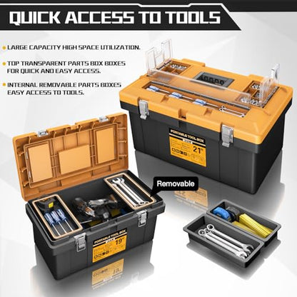 Tool Box | 4 In 1 Toolbox Set | 8 Removable Tool Box Organizers | 15”+17”+19”+21” | Lockable Portable Tool Boxes | Mini/Small/Large Toolboxes | Garage Storage Tools | Home/Professional | Hand/Power