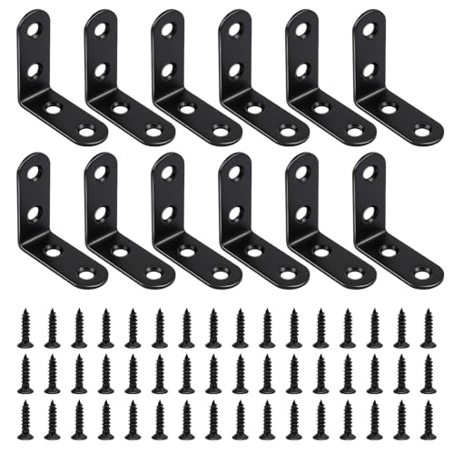 12 PCS 1.57'' x 1.57'' Stainless Straight Flat Brackets, Black Flat Metal Brace Bracket, Support Flat Metal Brace for Wood Furniture, Mending Plate Connector Joining Bracket for Fence,48 Screws - size: 1.57 X 1.57 in
