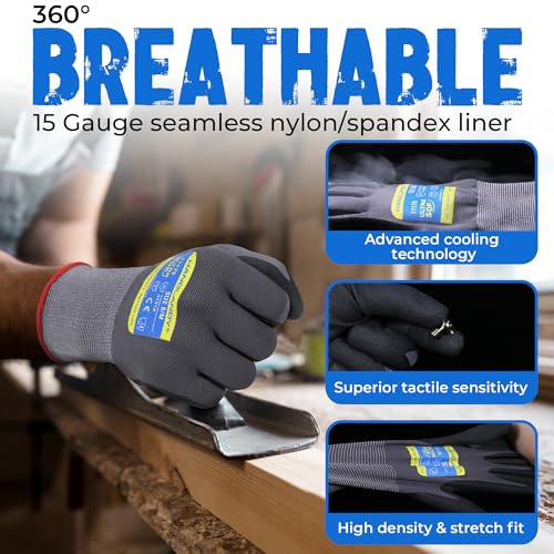 HANDLANDY 6 Pairs Safety Work Gloves with MicroFoam Nitrile Coated - Breathable Nylon Gloves with Grip for Men & Women - size: 11/XX-Large, style: 12 Pairs - Gray