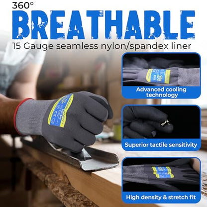 HANDLANDY 6 Pairs Safety Work Gloves with MicroFoam Nitrile Coated - Breathable Nylon Gloves with Grip for Men & Women - size: 7/Small, style: 24 Pairs - Gray