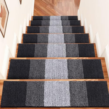 OLANLY Stair Treads Non Slip 15PCS, 8" x 30" Indoor Stair Runners for Wooden Steps, Edging Stair Rugs with Reusable Peel and Stick Adhesive for Kids Elders and Pets, Black - color: Black
