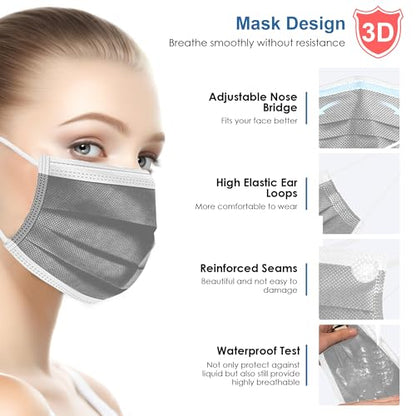 NNPCBT Grey Disposable Face Masks 125 Pack,3-Ply Breathable Mask For Adults,Great For Outdoors,Home, Office, School - color: Adult-125 Pack-grey