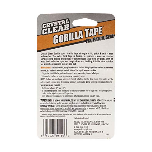 Gorilla Crystal Clear Repair Duct Tape, 1.88” x 5 yd, Clear, (Pack of 1) - size: 1 - Pack