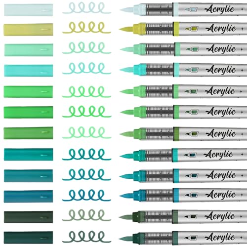Mifuner Acrylic Paint Pens Set,12Colors Soft Brush Tip Acrylic Paint Markers, Direct-Liquid Ink System,Colored Marker Pen for Rocks,Wood,Ceramic,Canvas, Eggs DIY Painting Art Supplies.Blue Green - color: 12pcs-Blue Green