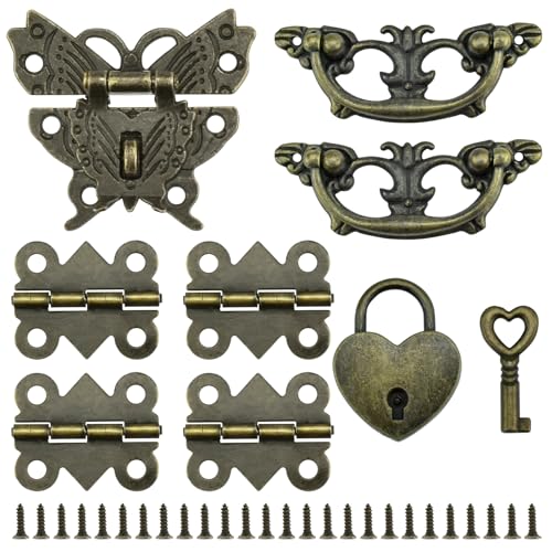 1 Set Retro Engraved Jewelry Box Hinges Hasp Catch Handles Lock Set, Decorative Hardware Kit with Screws for DIY Wooden Case Furniture Cabinet Suitcase Decoration and Repairs (Antique Bronze)