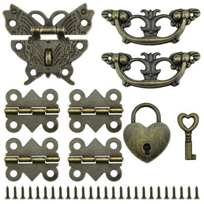 1 Set Retro Engraved Jewelry Box Hinges Hasp Catch Handles Lock Set, Decorative Hardware Kit with Screws for DIY Wooden Case Furniture Cabinet Suitcase Decoration and Repairs (Antique Bronze)