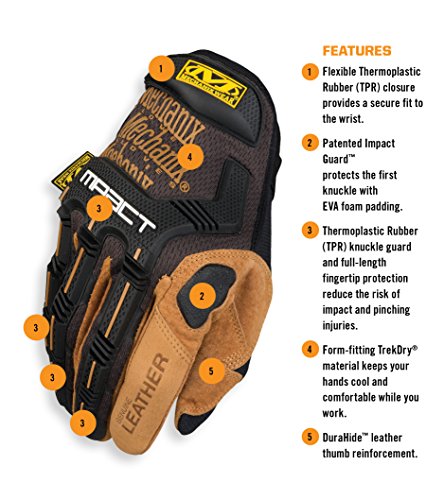 Mechanix Wear M-Pact Leather Gloves - Leather Impact-Resistant Work Gloves for Hand Support - Breathable Design - Shock Absorbing - Machine Washable - Brown/Black - Large - size: Large