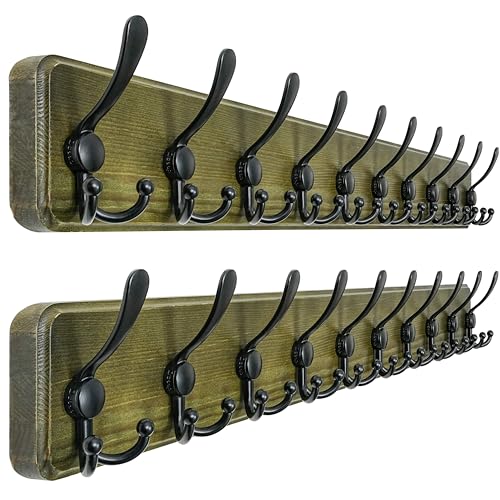 Dseap Coat Rack Wall - Heavy-Duty 38-1/4" Long, with Reinforced 10 Custom Tri-Hooks, Solid Wood Wall Hanger for Coats Hat Jackets - Rustic Farmhouse Entryway Storage,Weathered Green & Black,Pack of 2 - color: Weathered Green & Black, size: L=38.3"
