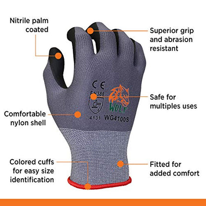 WOLF Ultra-Thin Nitrile Foam Palm Coated Glove with Tacky Dot Grip, Multi Purpose - size: Extra Large (Pack of 12), style: 15-gauge No Dots